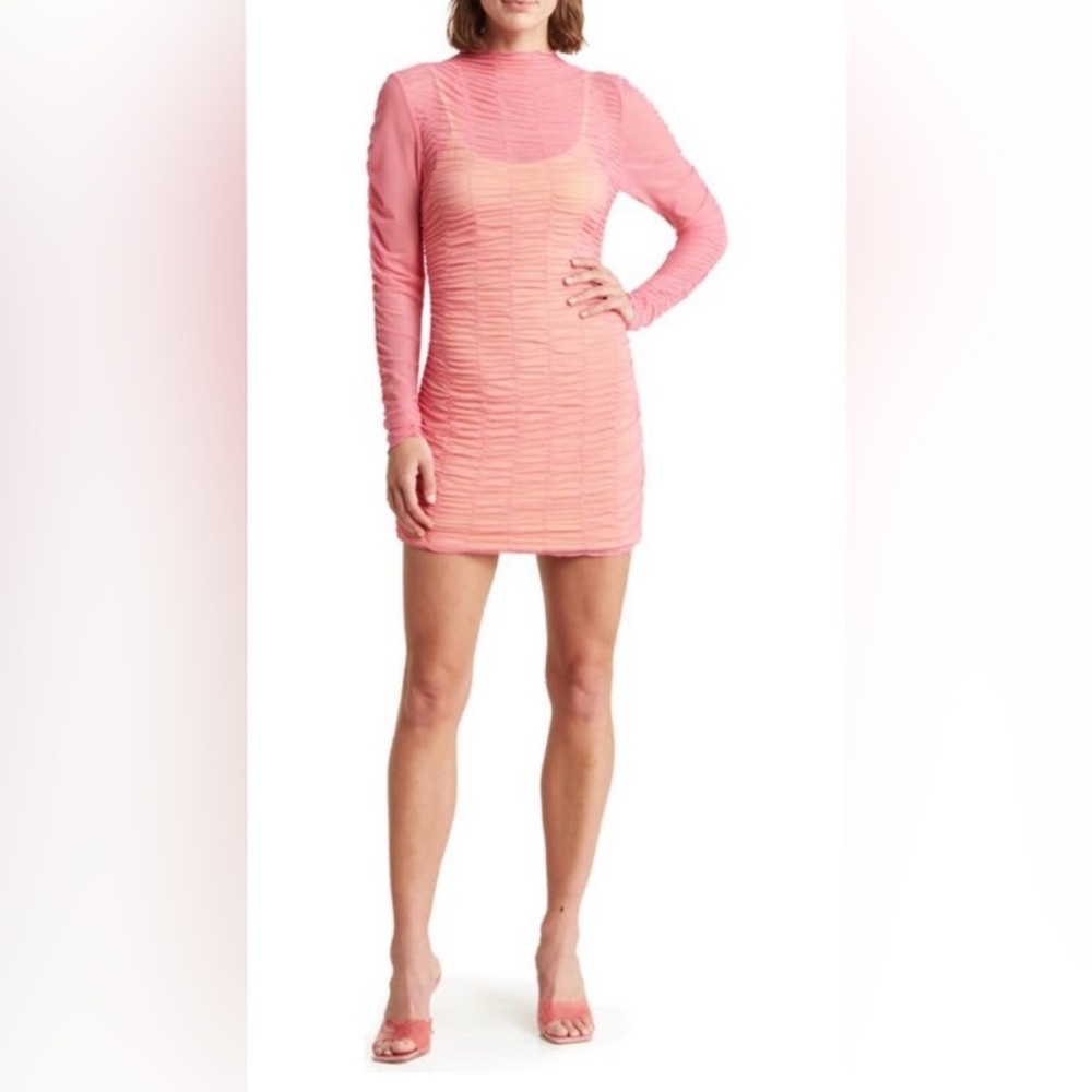 Topshop Ruched Layered Mesh Mini Dress Hot Pink And Yellow Size 4-6 NWOT